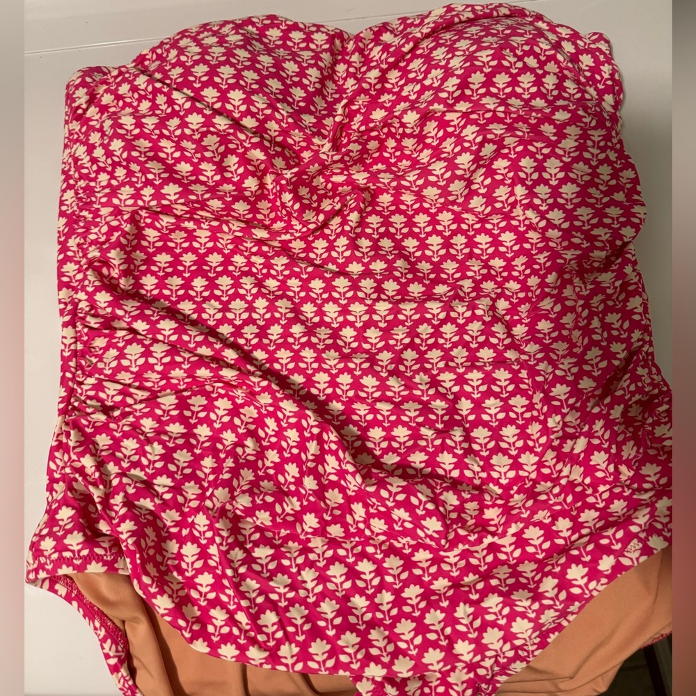 Jcrew Ruched bandeau one-piece swimsuit in pink stamp floral
